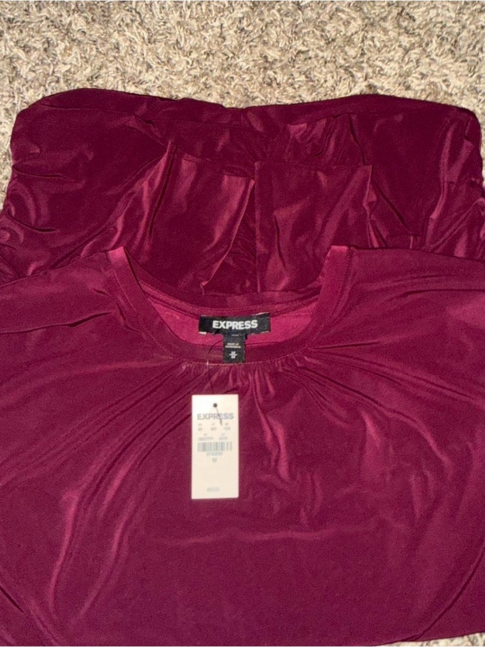 Express Women's Burgundy Satin-Look Round Neck Top